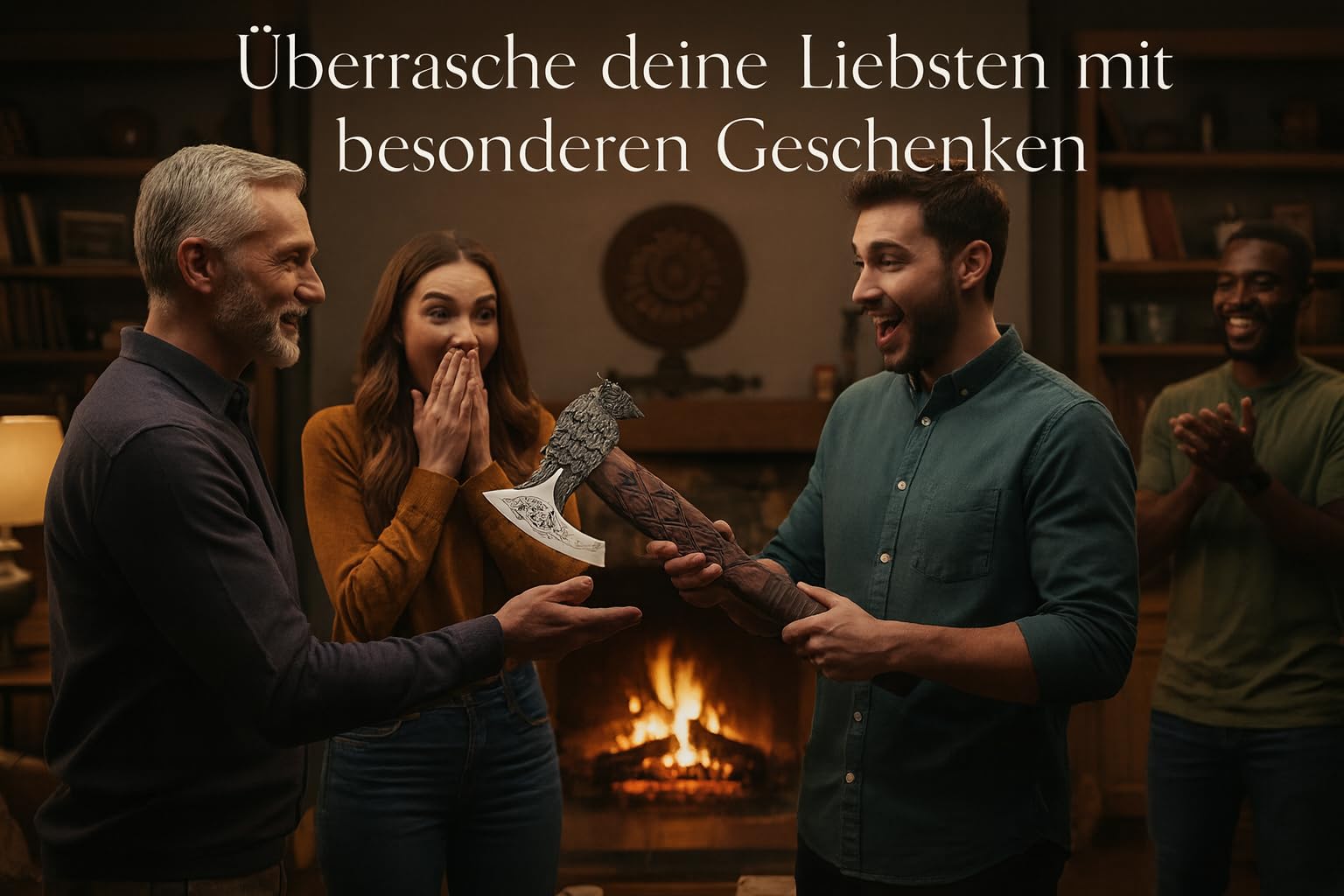 Novahaven Fenrir – Handgeschmiedete Outdoor Axt 56 cm Carbonstahl mit geschnitztem Eschenholzgriff, Wolfskopf & Drachendesign, Lederscheide für Camping & Dekoration