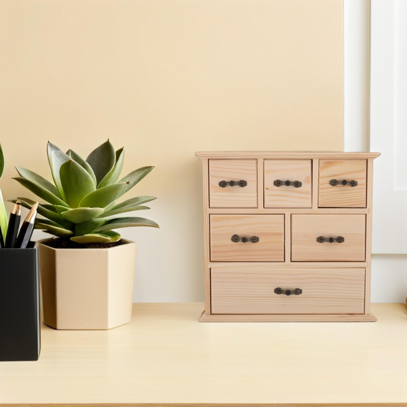 Alipis Organizador de Escritorio de Madera Natural con 6 Cajones Minicajones para Almacenamiento de Papelería Oficina y Hogar Caja de Almacenamiento Compacta para Escritorio