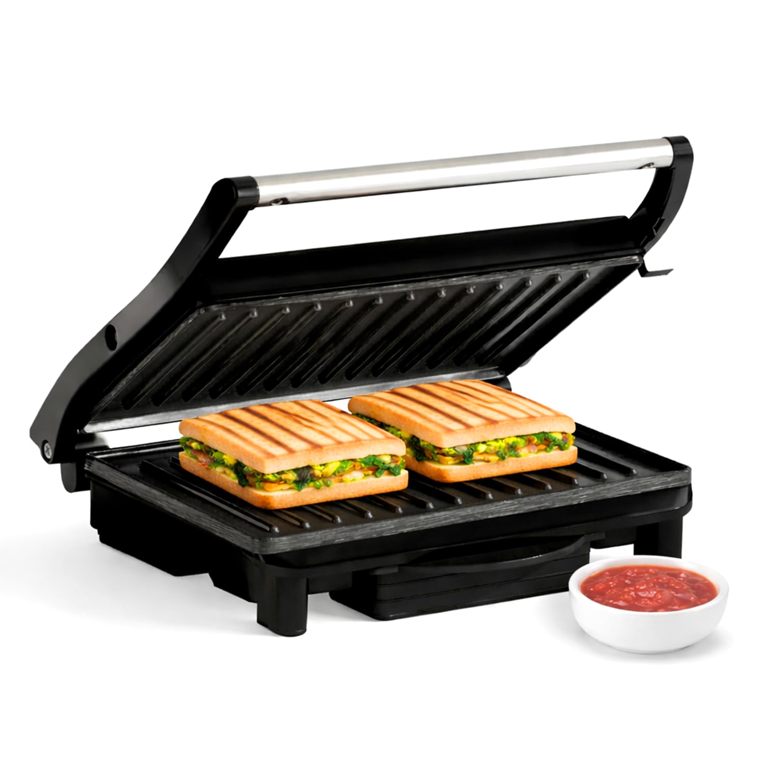 Lifelong Sandwich Maker|Electric Griller & Toaster|Panini Maker with Non-Stick Coating,180° Open Flat Grill,Auto Cut-Off,Fixed Plates,Cool Touch Handle & Power Indicator(LLCG02,Black),800 Watts