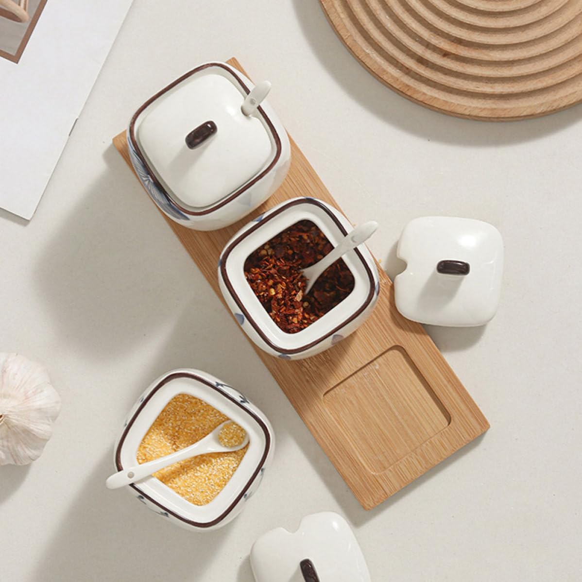 TOYANDONA Set Tre Barattoli Condimento in Ceramica con Vassoio