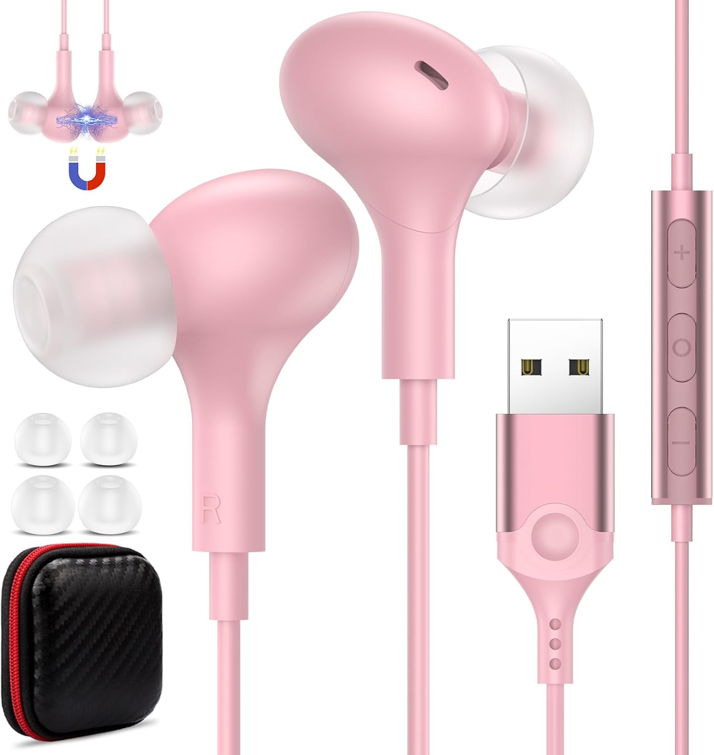 USB Headset with Microphone for PC Laptop,7.5Ft USB A Headphones Earbuds for Computer with in-Line Control Noise Cancelling Lightweight Wired Computer Headphones for Dell/HP Zoom School Class,Pink