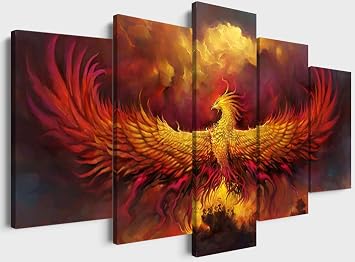 YOUHONG 5-Piece Phoenix Bird Wall Decor - Animal Canvas Wall Art - Cool Burning Phoenix Art - Framed, Ready to Hang - Bedroom & Living Room Decor 50W x 24H