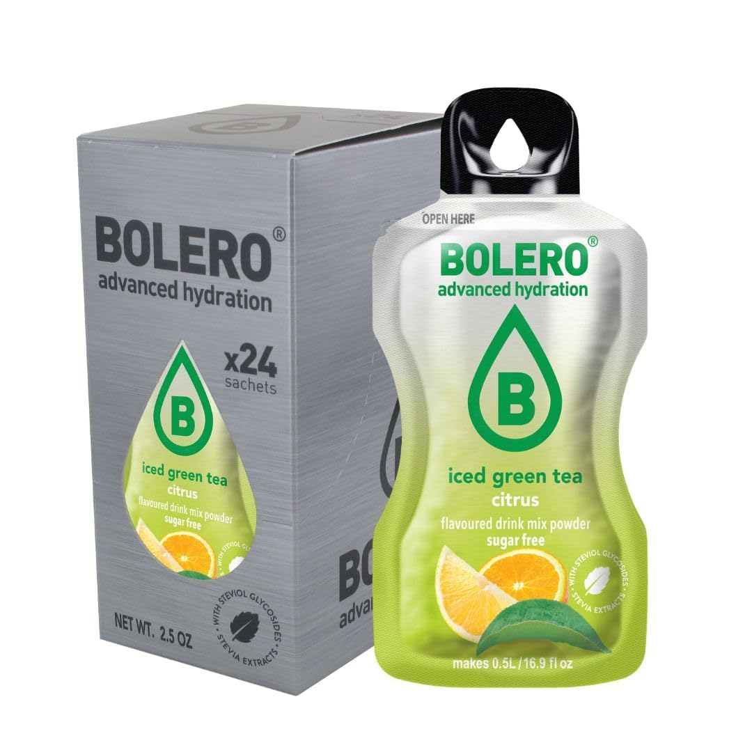 Bolero ICED GREEN TEA 24x3g | Saftpulver ohne Zucker, gesüßt mit Stevia + Vitamin C | geeignet für Kinder, Sportler und Diabetiker | glutenfrei und veganfreundlich (24x3g, CITRUS)