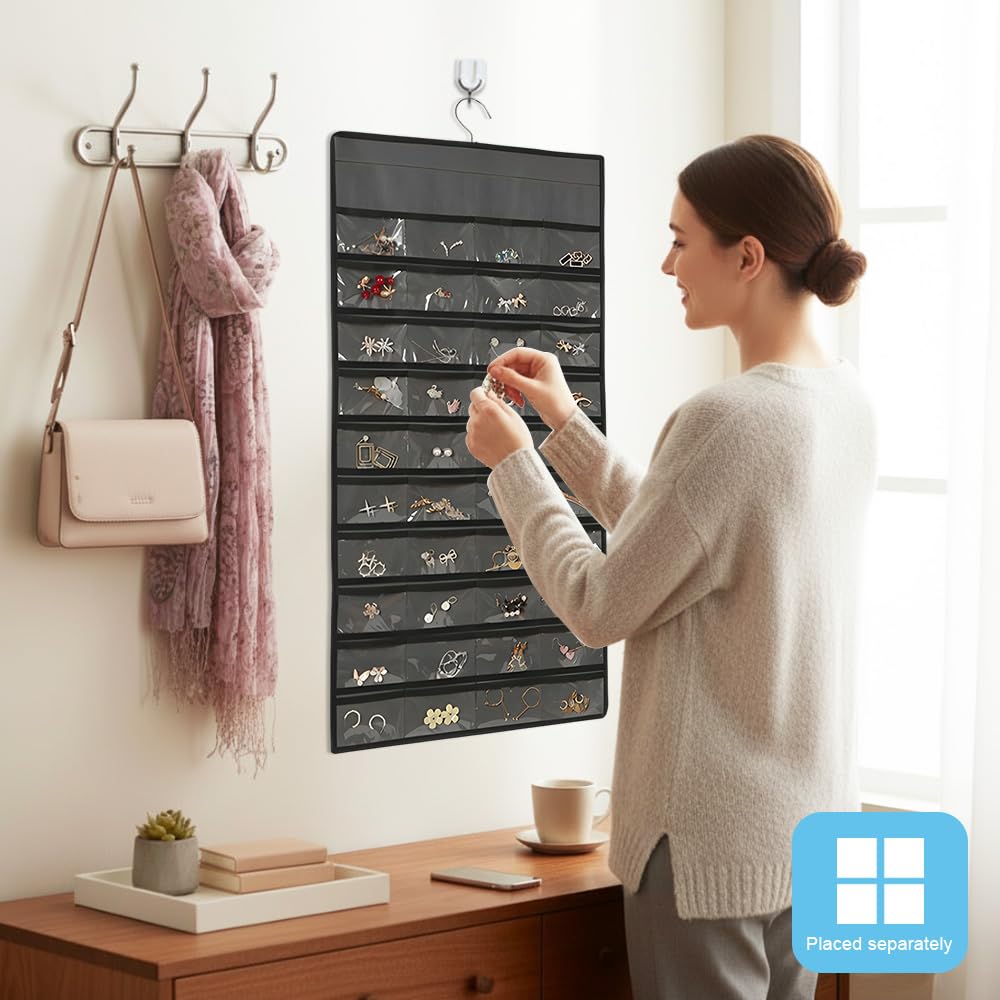 48 Compartimentos Organizador de Joyas Colgante 43 X 78 CM,Colgador Collares Pared con Ganchos,Soporte Collares Expositor para Colgar,Hanging Jewelry Organizer para Anillo, Pulsera -Gris