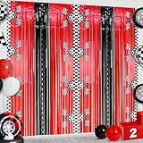 Bsenhe 2PCS Race Car Foil Fringe Backdrop Curtains, Race Car Birthday Party Decorations, Black White Red Photo Backdrop for Fast Wheels Happy Dude Birthday Party Decorations 3.28 X 6.56 Ft