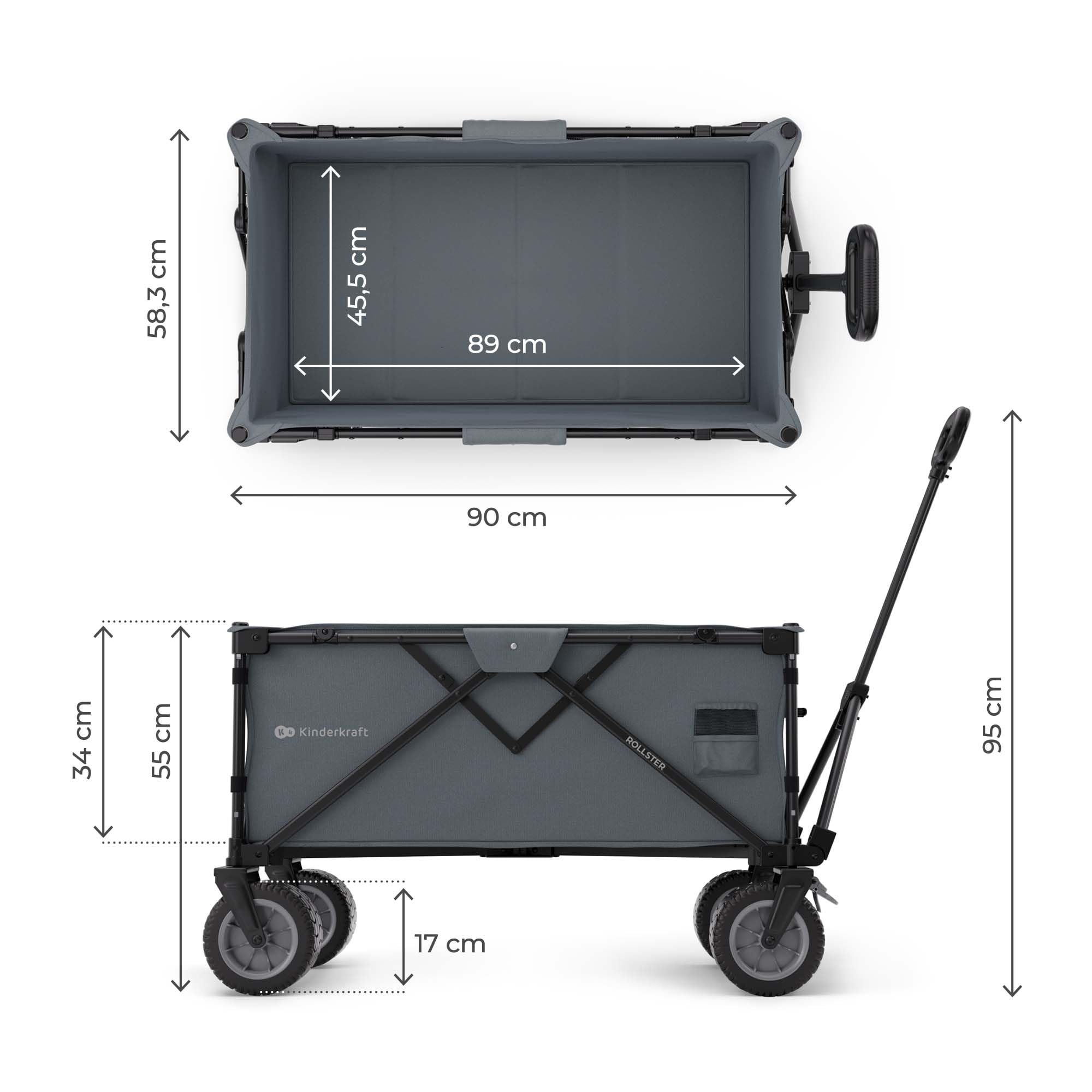 Kinderkraft ROLLSTER, Carro de Transporte Plegable, Capacidad de 130 litros, Capacidad de Carga de 100 kg, Peso Ligero de 10,3 kg, Gris