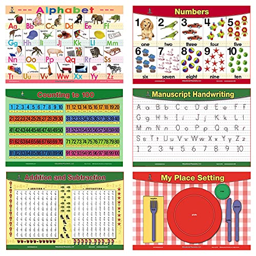 Brainymats Educational Placemats for Kids (Basic Skills Set of 6 Mats) Alphabet Mat and More-Easy Clean Plastic Learning Table Mat for Kids with Colorful Pictures â€“ Ideal for Kids Learning