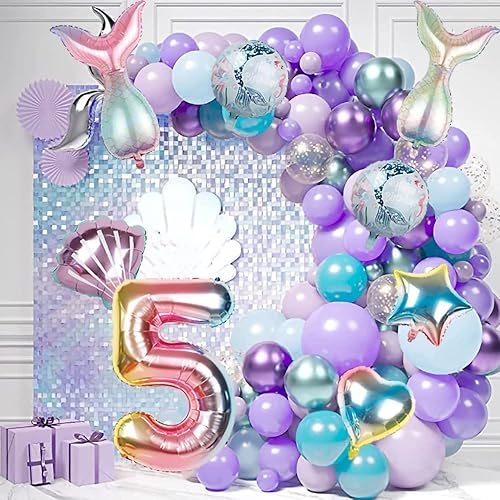 Miniatura 4 de Globos de sirena, suministros para fiesta, decoración de ramo de globos de 4º cumpleaños, globos de conchas de sirena para fiesta de cumpleaños