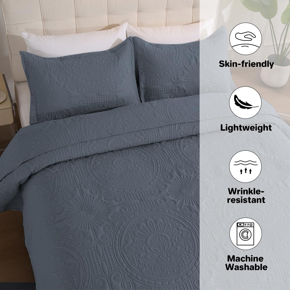 DUJUIKE Colcha Acolchada Ligera para Todas Las Estaciones, con 2 Fundas De Almohada De 50x90 cm, Colcha Acolchada Estampada, Multiusos para Cama Doble Matrimonio de 150 cm (Azul Grisáceo, 240x260cm)