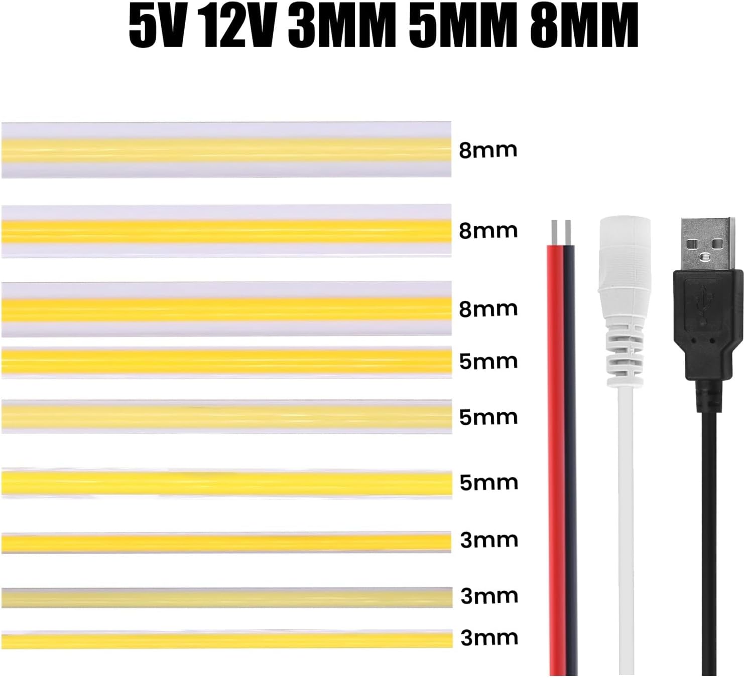 USB COB LED Strip 3mm 5mm 8mm Width 12V 320LEDs Flexible LED Strip Light with Adhesive High Density Linear Lighting(Natural White,5V 3MM DC Wire_2M)