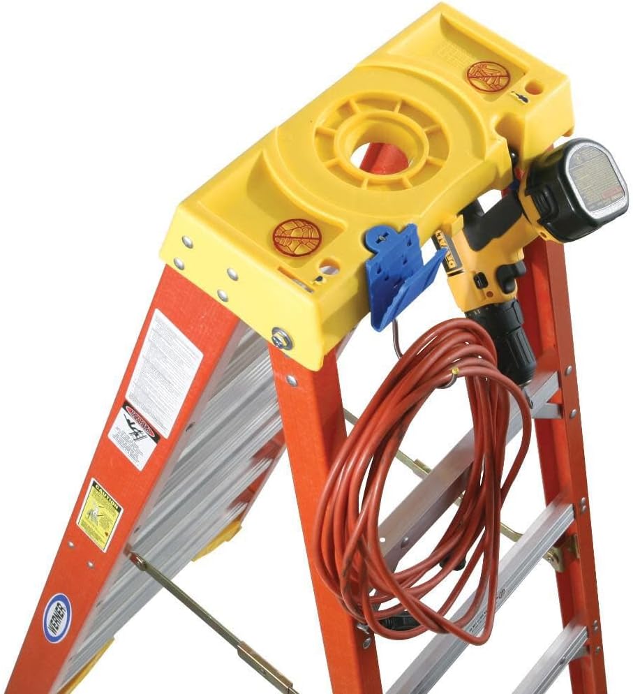 Werner stepladder top platform with drill and extension cord