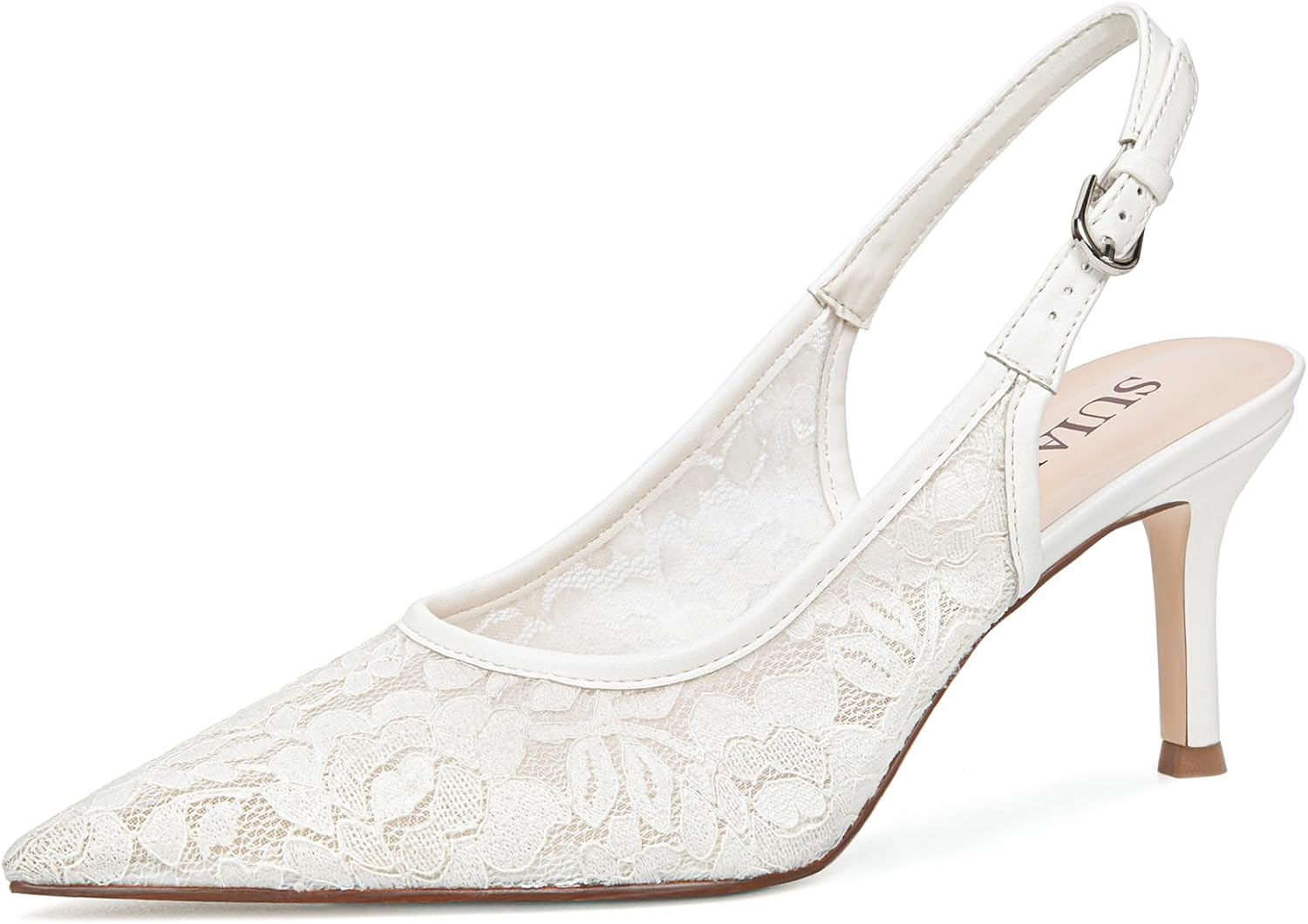 Wedding Lace Heels for Women Bridal Kitten Heels Mesh Slingback Bride Shoes Closed Pointed Toe Dressy Pumps