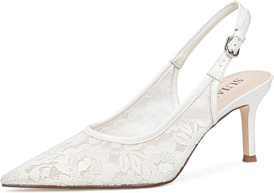Wedding Lace Heels for Women Bridal Kitten Heels Mesh Slingback Bride Shoes Closed Pointed Toe Dressy Pumps