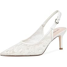 Wedding Lace Heels for Women Bridal Kitten Heels Mesh Slingback Bride Shoes Closed Pointed Toe Dressy Pumps