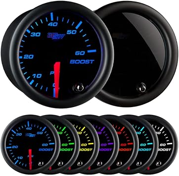 GlowShift Tinted 7 Color 60 PSI Turbo Boost Gauge Kit - Includes Mechanical Hose, 1/8-27 NPT Fittings & Wiring - Multi-Color Display - Black Dial - Smoked Lens - for Diesel Trucks - 2-1/16" 52mm