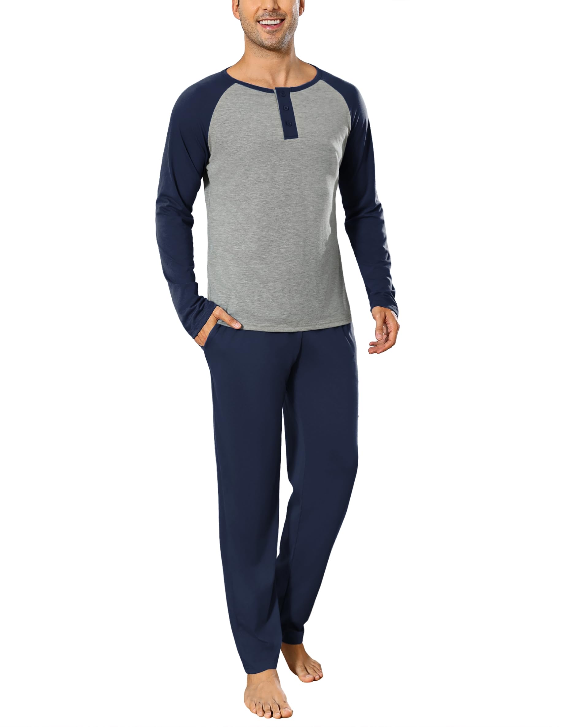Migcaput Pigiama Cotone da Uomo Set Lungo Comodo Pigiami Due Pezzi da Uomo Pigiama Manica Lunga Pigiama con Tasche con Bottoni