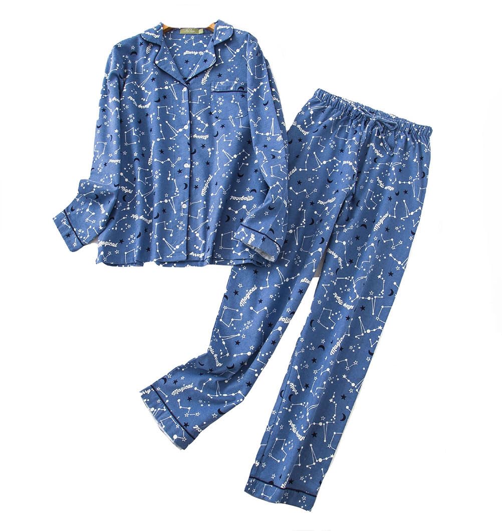 Kolipajam Pigiama Donna In Flanella 2 Pezzi Maniche Lunghe - Rosa/Blu Quadretti, Taglia M - Loungewear Morbido Con Coulisse - 4