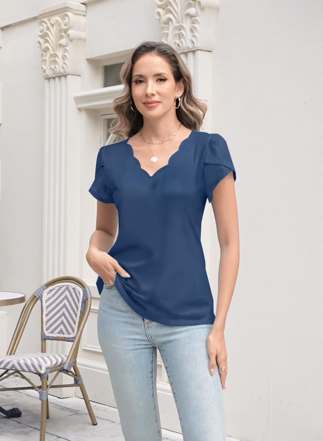 Womens Summer Tops Seashell Edge V Neck Shirts Petal Short Sleeve Top Dressy Casual Tunic Blouses - Image 4
