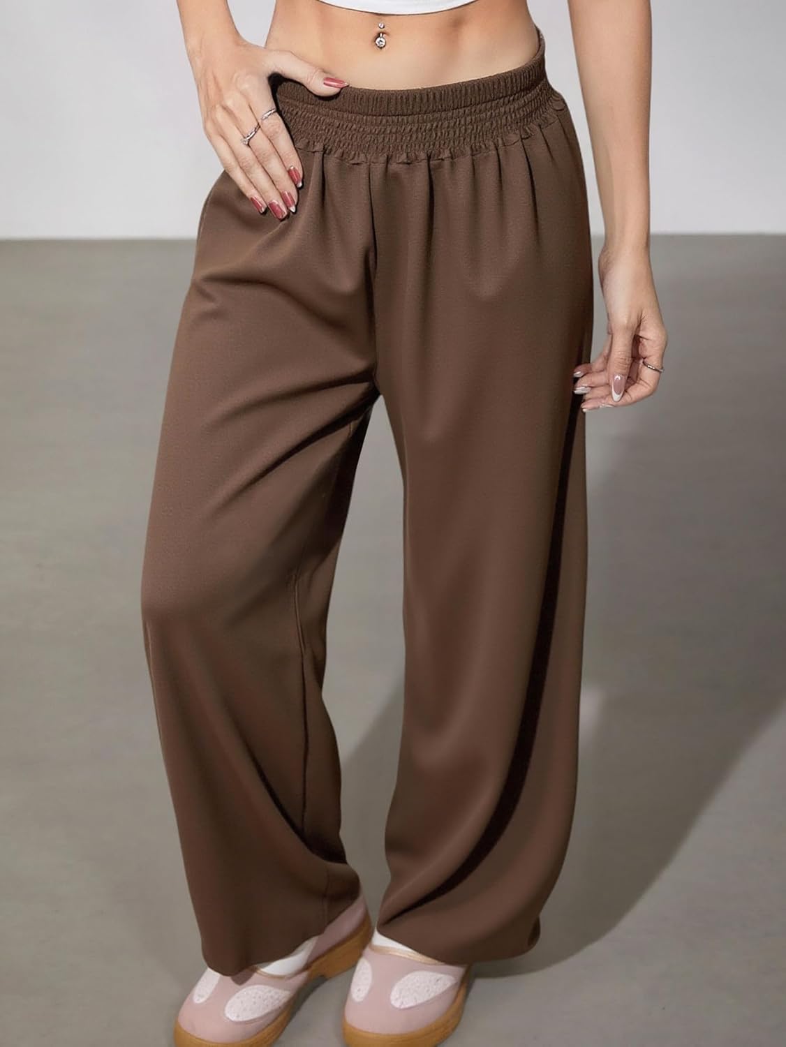 Women's Wide Leg Palazzo Pants Dressy Casual Shirred High Waisted Flowy Trousers with Pockets - Image 3