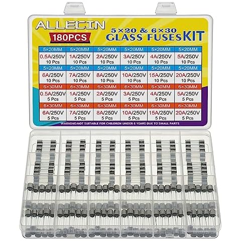 ALLECIN 24 Values 250V Fast Blow Glass Fuses Assortment Kit 0.5A 1A 2A 3A 4A 5A 6A 7A 8A 10A 15A 20A 5X20MM 6X30MM 0.5 1 2 3 4 5 6 7 8 10 15 20 Amp 250 Volt Quick Tube Fuse Set Cover