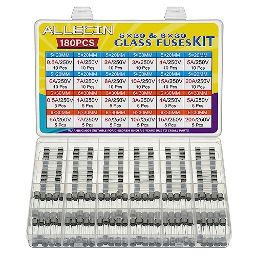 ALLECIN 24 Valores Kit Surtido de Fusibles de Vidrio de Fusión Rápida 250V F 0,5A 1A 2A 3A 4A 5A 6A 7A 8A 10A 15A 20A 5x20MM 6x30MM 0,5 1 2 3 4 5 6 7 8 10 15 20 A Fusible de Cristal Glass Fuse