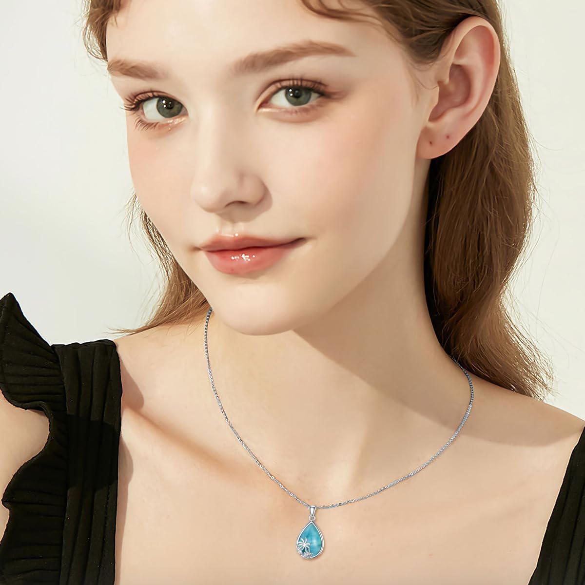 Natural Larimar Necklace 925 Sterling Silver Teardrop Blue Larimar Gemstone Palm Tree Pendant Summer Beach Jewelry Gifts for Women - Image 2