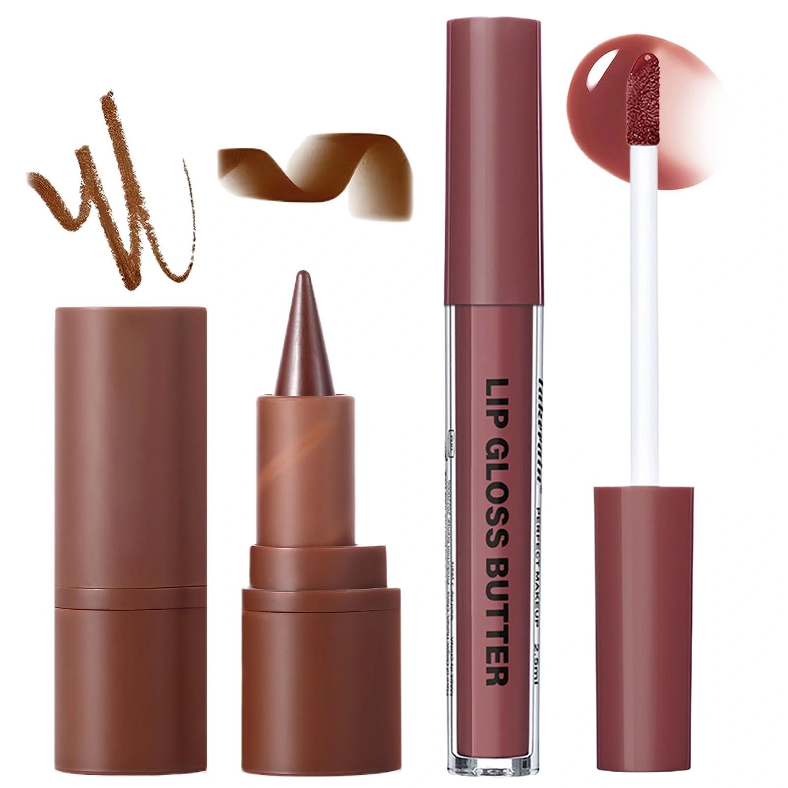 Lip Liner And Gloss Set,Dark Brown Plumping Lip Liner Stain& Moisturizing Butter Glossy Liquid Lipstick,Matte & High Shine Glossy