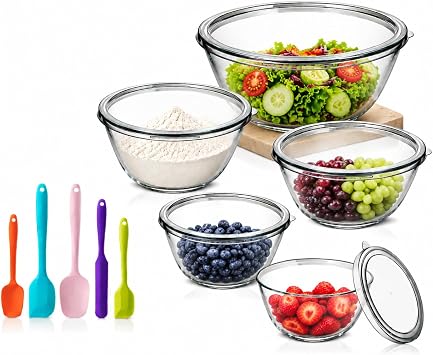 Glass Mixing Bowls with Lids Set of 5, 4.78QT Large Glass Salad Bowls with 5 Silicone Spatulas, Borosilicate Glass Nesting Bowls for Baking, Meal Prep, Microwave Dishwasher Freezer Safe