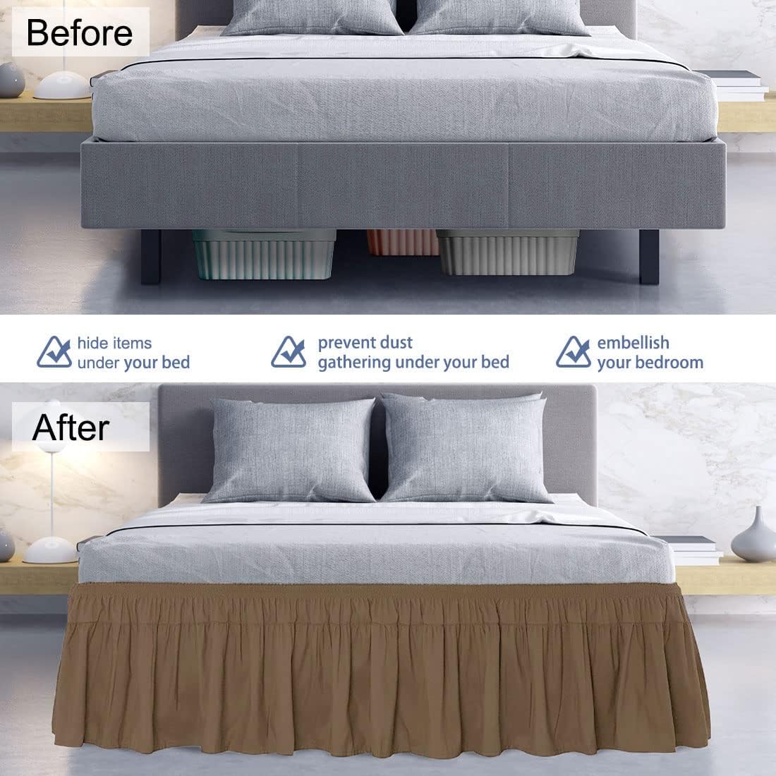 PiccoCasa Polyester Wrap Around Bed Skirt,Elastic Dust Ruffles Bedskirts,Fade & Wrinkle Resistant,No Lift Mattress,Three Fabric Sides with 16 Inch Drop Brown King
