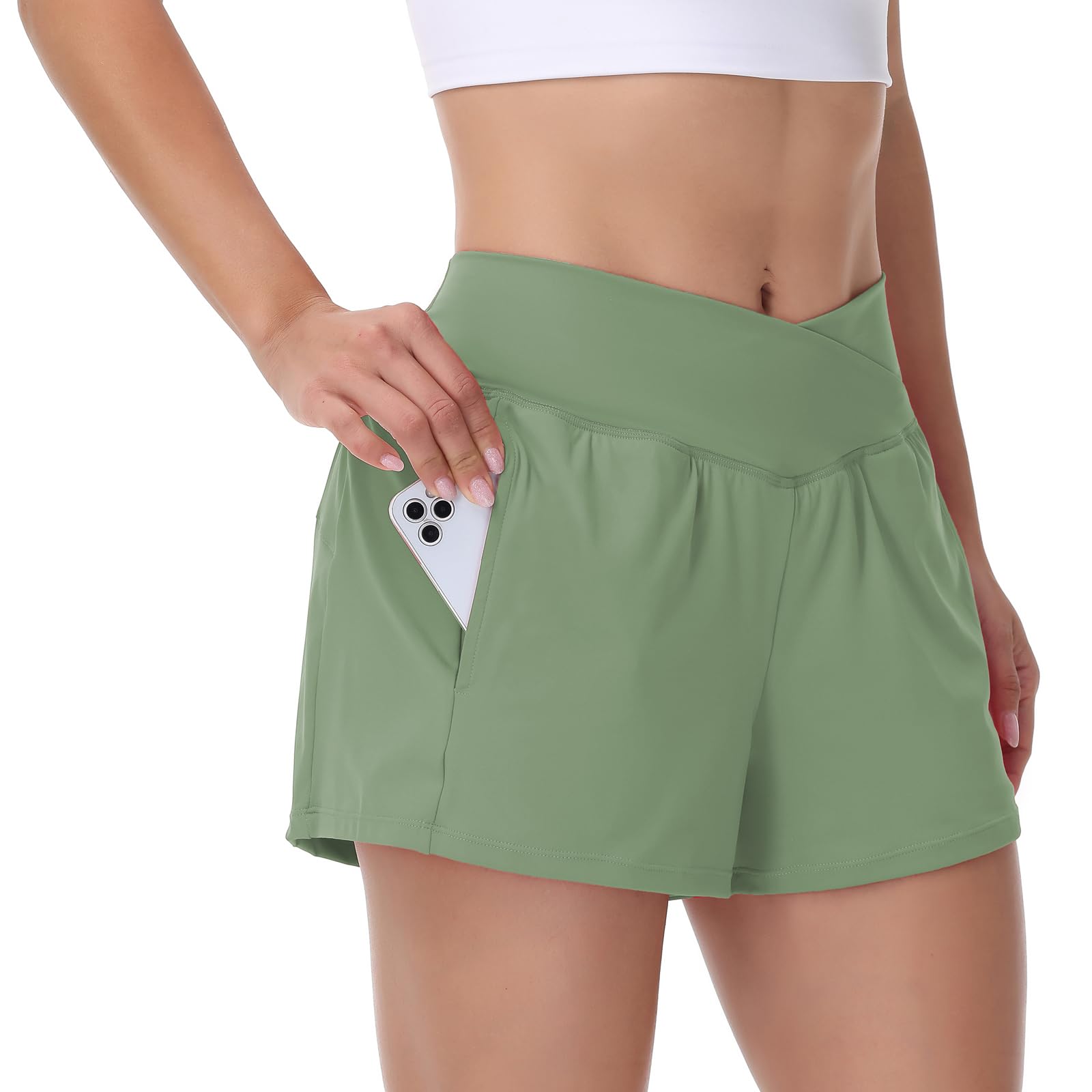 Flowy Athletic Shorts for Women Workout Running Gym Yoga Sport Active Sweat Spandex Skort Golf Tennis Skirt Crossover with Pockets Cute Comfy Girls Trendy Clothes Lounge Casual Summer Outfits Green M