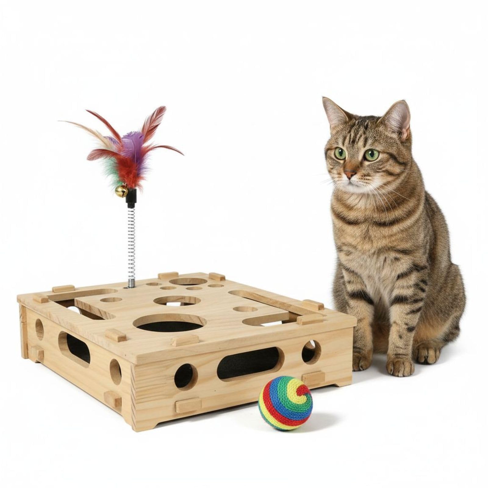 Generisch Holz-Katzen-Spielzeugkiste, mit Federangel und 3 Rasselbällen, Labyrinth-Design Kratz-Puzzle, seitliche Öffnungen, interaktives Spiel, gegen Langeweile, Pfotenmassage, 29,5 x 25 x 7 cm