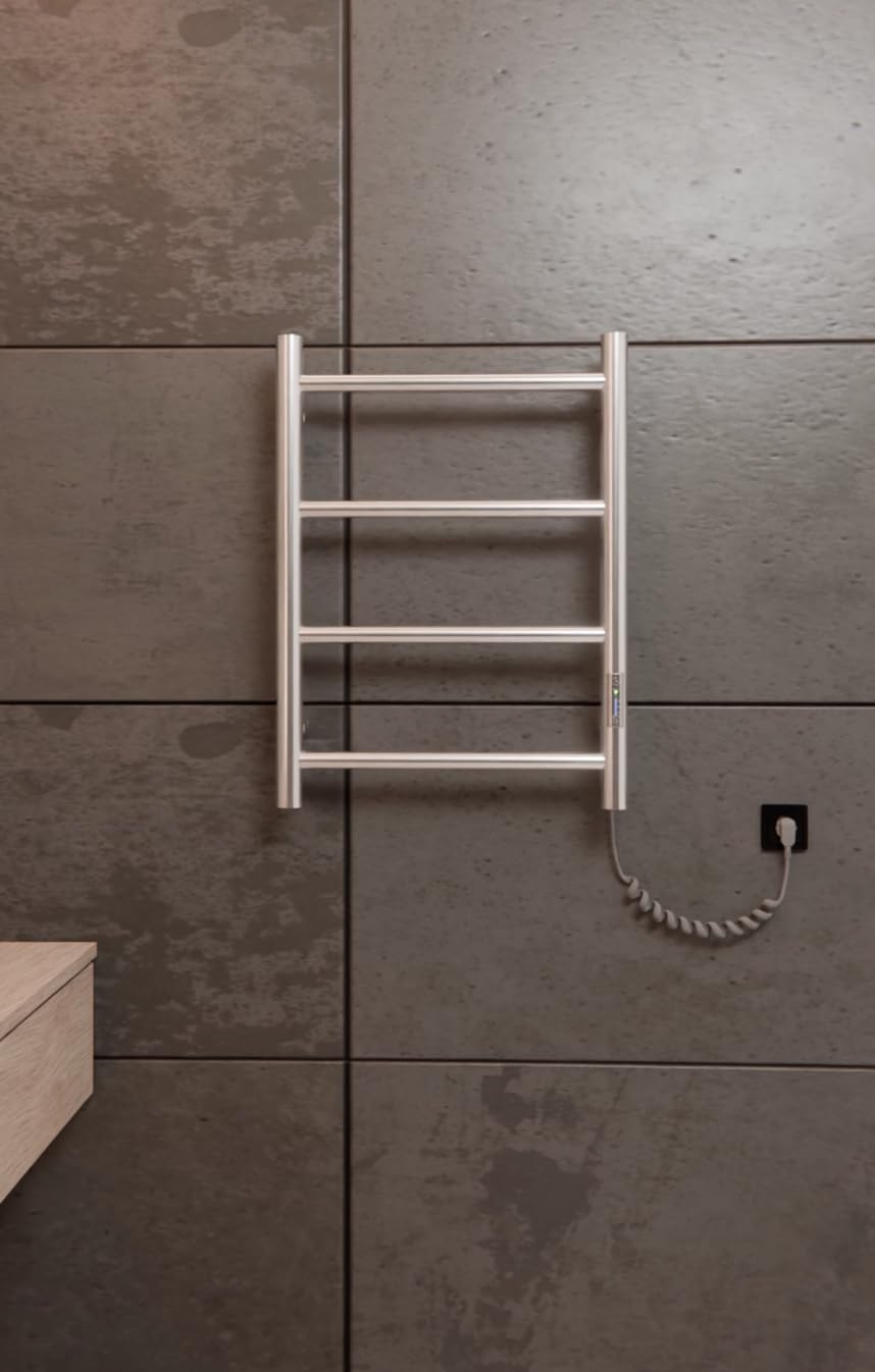 Grzejnik na ręczniki elektryczny ze stali nierdzewnej – 505 x 400 mm | 35 W | grzejnik łazienkowy z timerem i termostatem | montaż na ścianie | IP44 | eleganckie wzornictwo do hotelu i domu