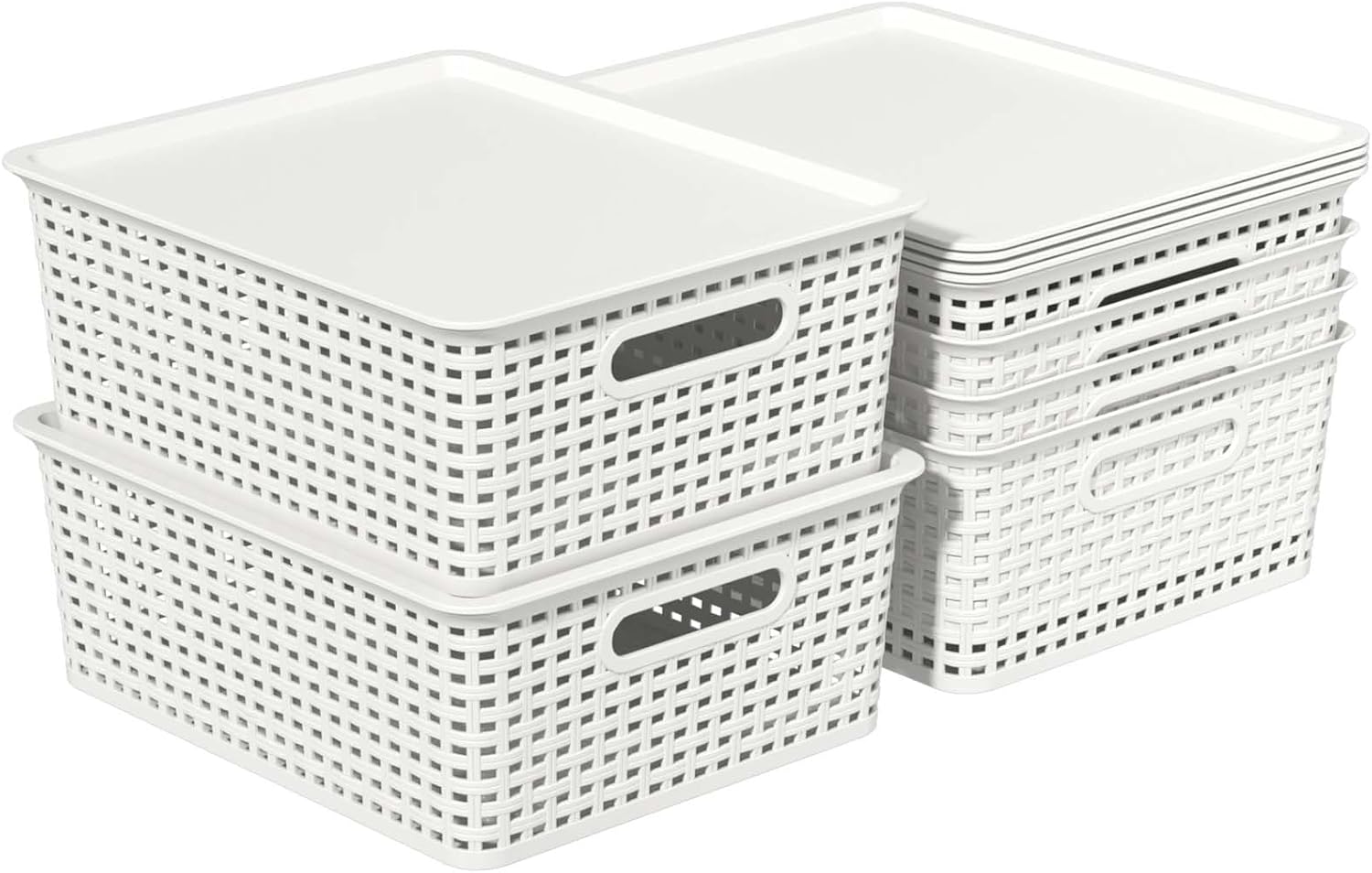6 Pack Large Plastic Shelf Storage Baskets with Lid, Stackable Plastic Organizer Bins with Lids, 14.09"x 11.69"x 5.35", White