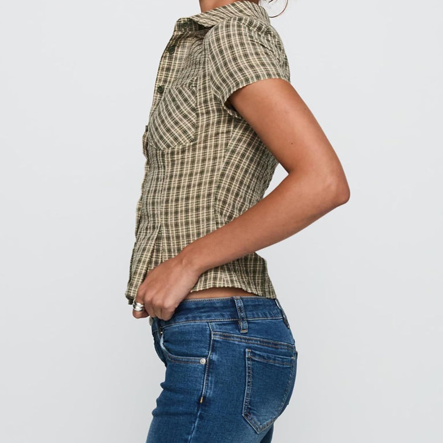 Women Y2K Plaid Button Down Shirt Coquette Short Sleeve V Neck Slim Fit Crop Top Vintage Coquette Blouses - Image 4