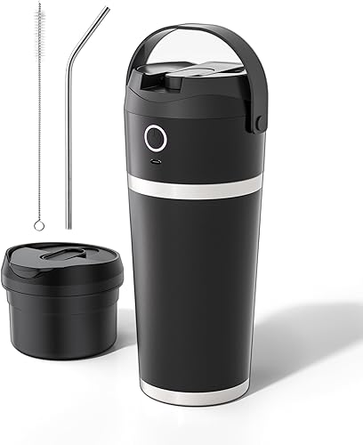 Batidora portátil con vaso aislante, licuadora personal para batidos, motor de alto par de 11.1 V, taza de acero inoxidable, mantiene el frío 24