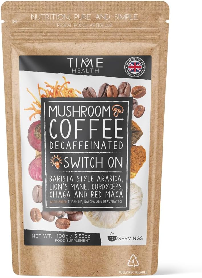 Decaf Mushroom Coffee Blend (Instant) - Arabica Coffee, Lion's Mane, Cordyceps, Chaga, Red Maca, Theanine, Bacopa & Resveratrol - Natural Energy & Focus - UK Made - 5% Micro Ground