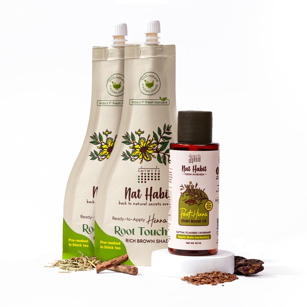 Nat Habit Ready to Apply Henna Root Touch Paste and Stain Boost Hair Oil Combo For Henna Colouring, Relieving Dryness & Leaving Hair Shiny & Lustrous (120g + 50ml)-picture-30