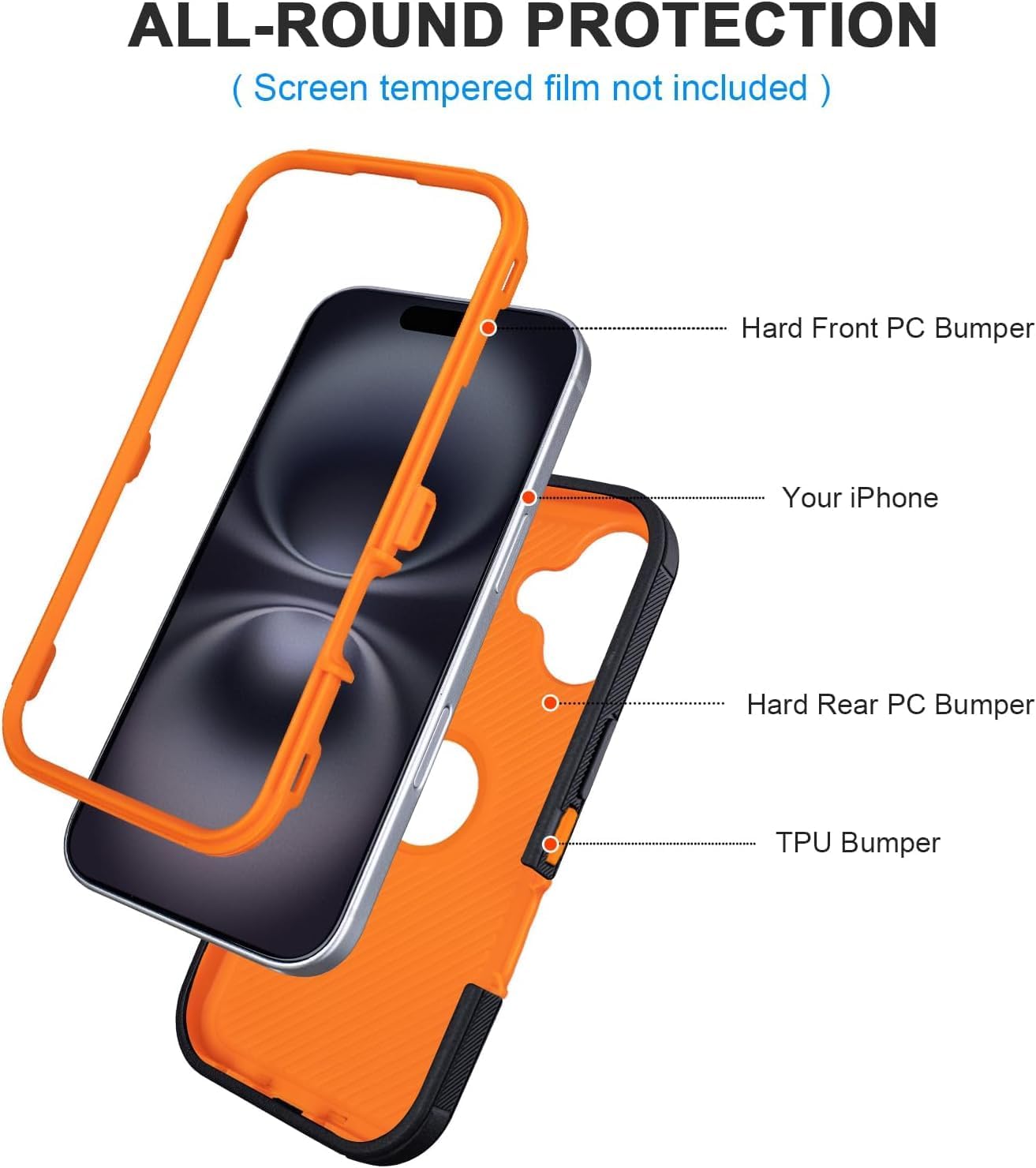 for Phone Case iPhone 16 Case Defender, 3 Layers of Sturdy,Rugged Full-Body for iPhone Case 16,for Black iPhone 16 Case Heavy Duty, Anti-Drop,Shockproof Cover for iPhone 16 (Black & Orange) - Image 4
