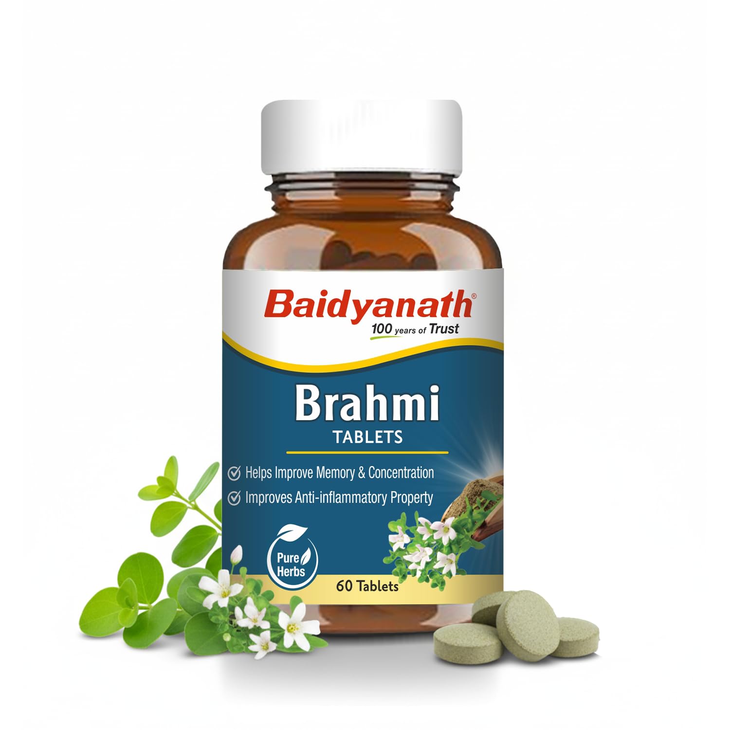 Baidyanath Ayurved Brahmi Tablets - 60 Tab | Helps To Handle Life’s Daily Stress | Promotes Mind Relaxation| (Pack of 1)