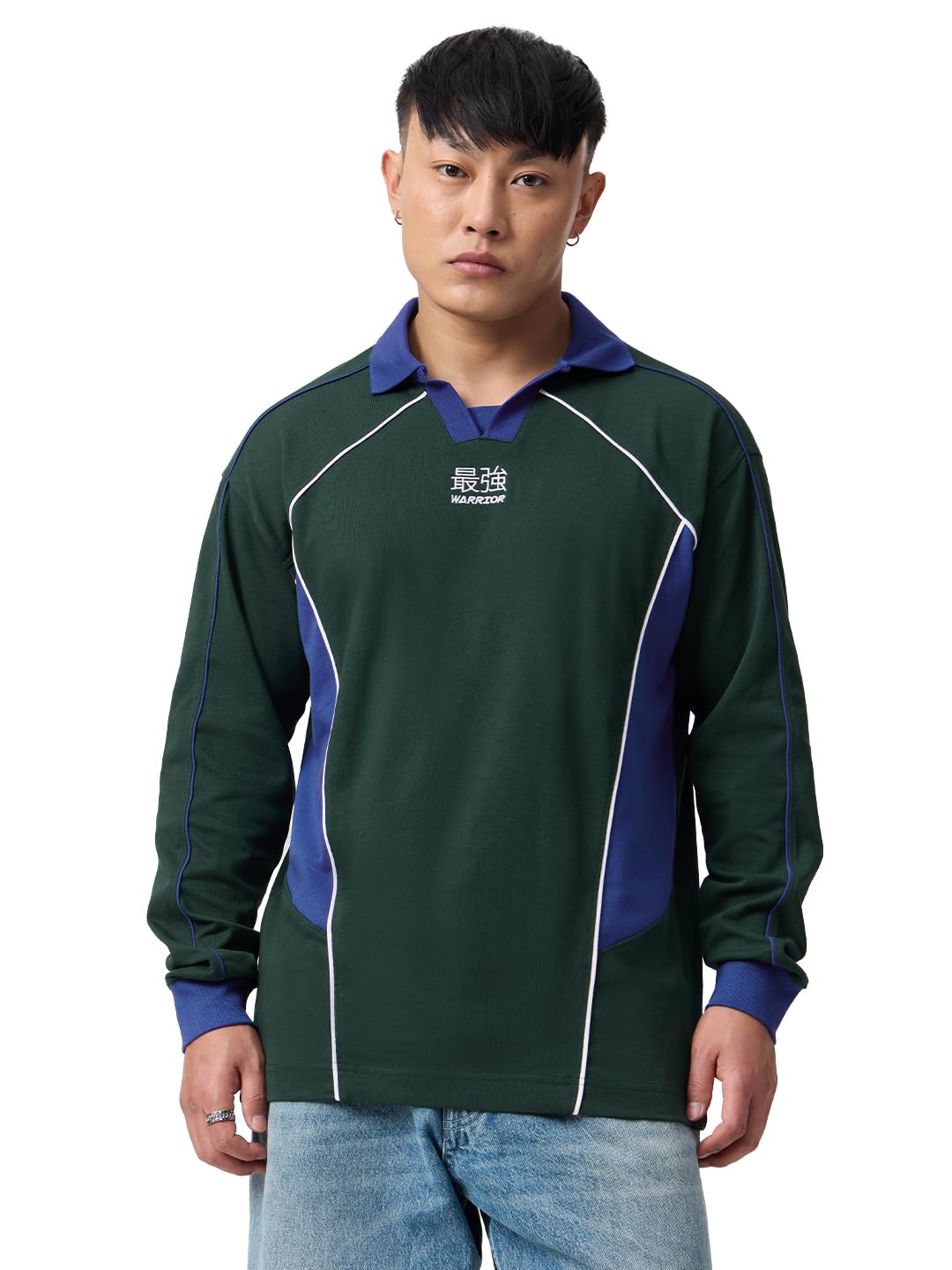 the souled store Pacific Pine Warrior Men and Boys Long Sleeve Spread Collar Dark Green and Blue Colour-Blocked Embroidered Cotton Oversized Breathable Lightweight Polos-picture-29