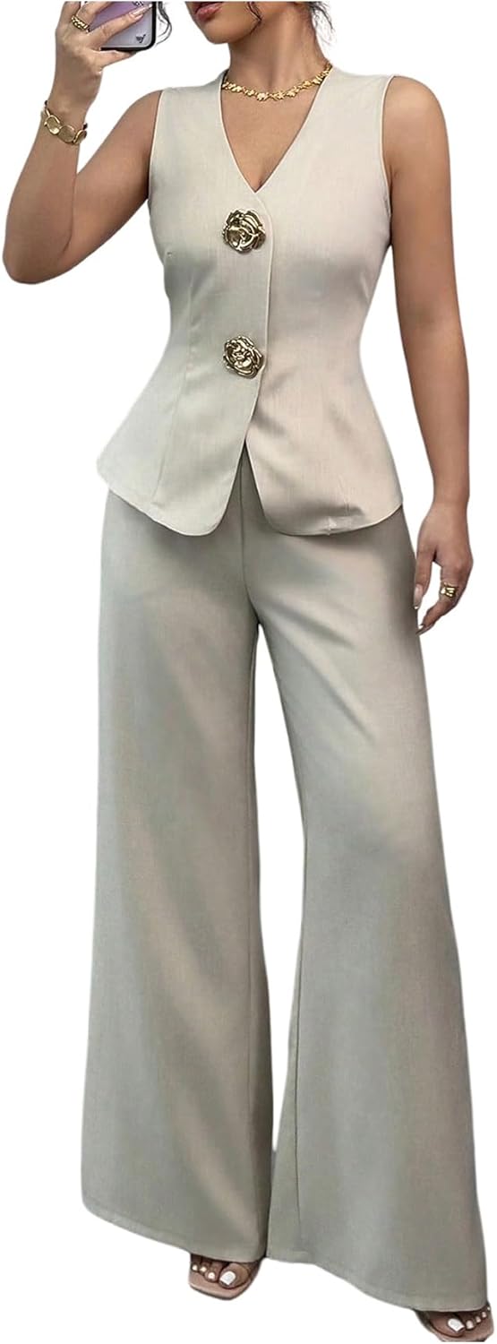 SOLY HUX Women's 2 Piece Work Office Outfits Elegant Button Up Blazer Vest and Wide Leg Pants Set