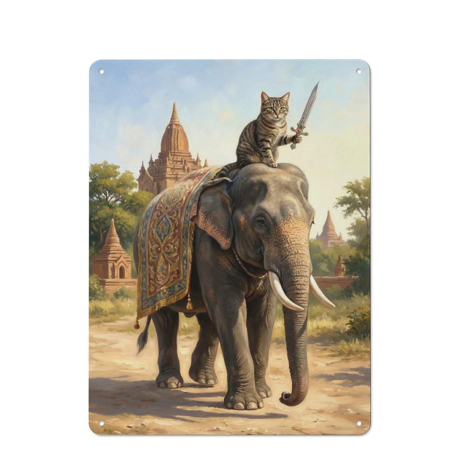 Junmoney Style-1 Cat Riding Elephant With Sword Rustic Metal Plaque 40X30cm For Living Room Wall, Suited To Home Wall Decor Collectors