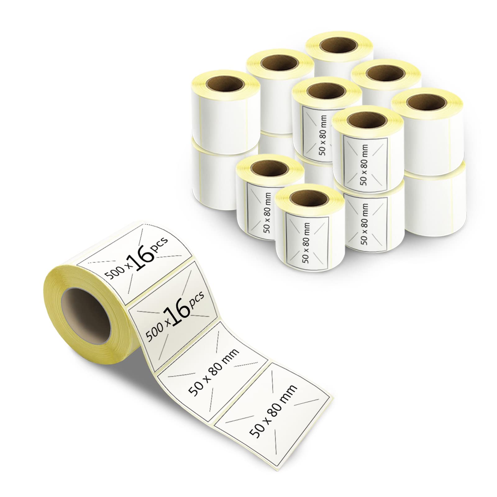 m MU Étiquettes Autocollantes，16X Rouleau 80X50 MM，8000 Pièces Par Rouleau Étiquettes À Transfert Thermique Adhésives Universelles Blanches À Imprimer Dans Des Imprimantes Thermiques|8×5CM