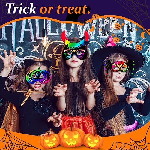 Natonhi 32Pcs Halloween Crafts for Kids, Rainbow Scratch Art Mask Kit - image 2