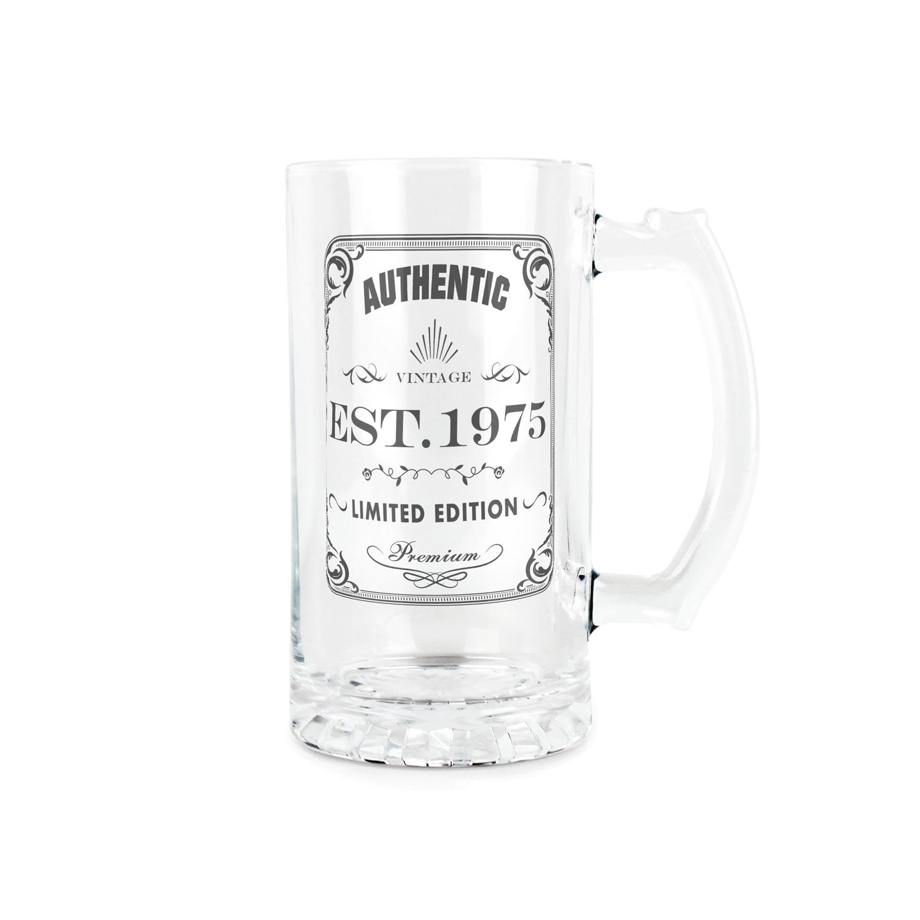 Purely Home Born in 1975 Gift Glass Stein - Vintage Beer Glass Present - 450ml Drinking Cup/Tankard Mug with Handle Gifts for Birthdays