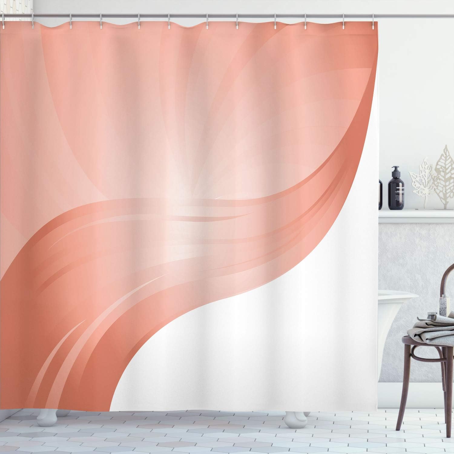 Ambesonne Contemporary Shower Curtain, Spiraling Stripes with Monochrome Tones Modern Art Inspirations Abstract, Cloth Fabric Bathroom Decor Set with Hooks, 70" Long, Turquoise White