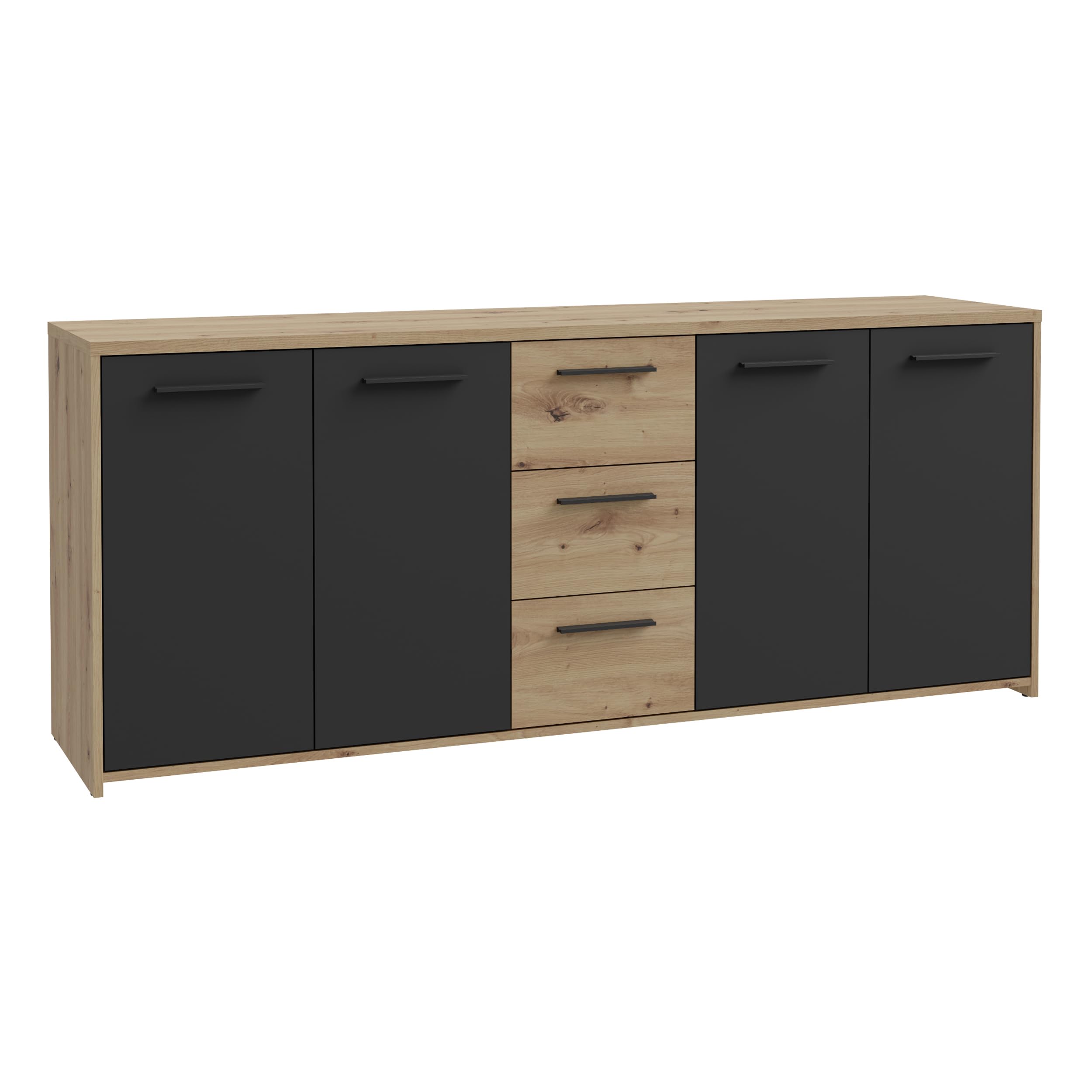 Forte PILVI Sideboard 180, modernes Sideboard mit 4 Türen und 4 Schubladen, Wohn-/Schlafzimmer, Holzwerkstoff, Artisan Eiche Holzdekor mit Schwarz, 179 cm breit x 74,1 cm hoch x 42 cm tief