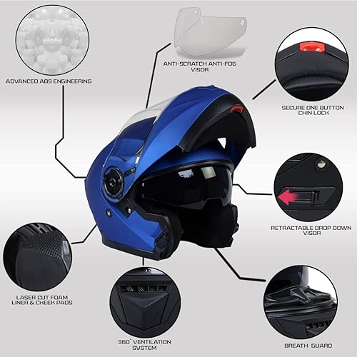 Miniatura 4 de Cascos Milwaukee MPH9818DOT Breeze Azul Avanzado, Casco Modular para Motocicleta, Casco para Motociclista con Visera Desmontable, Mediano