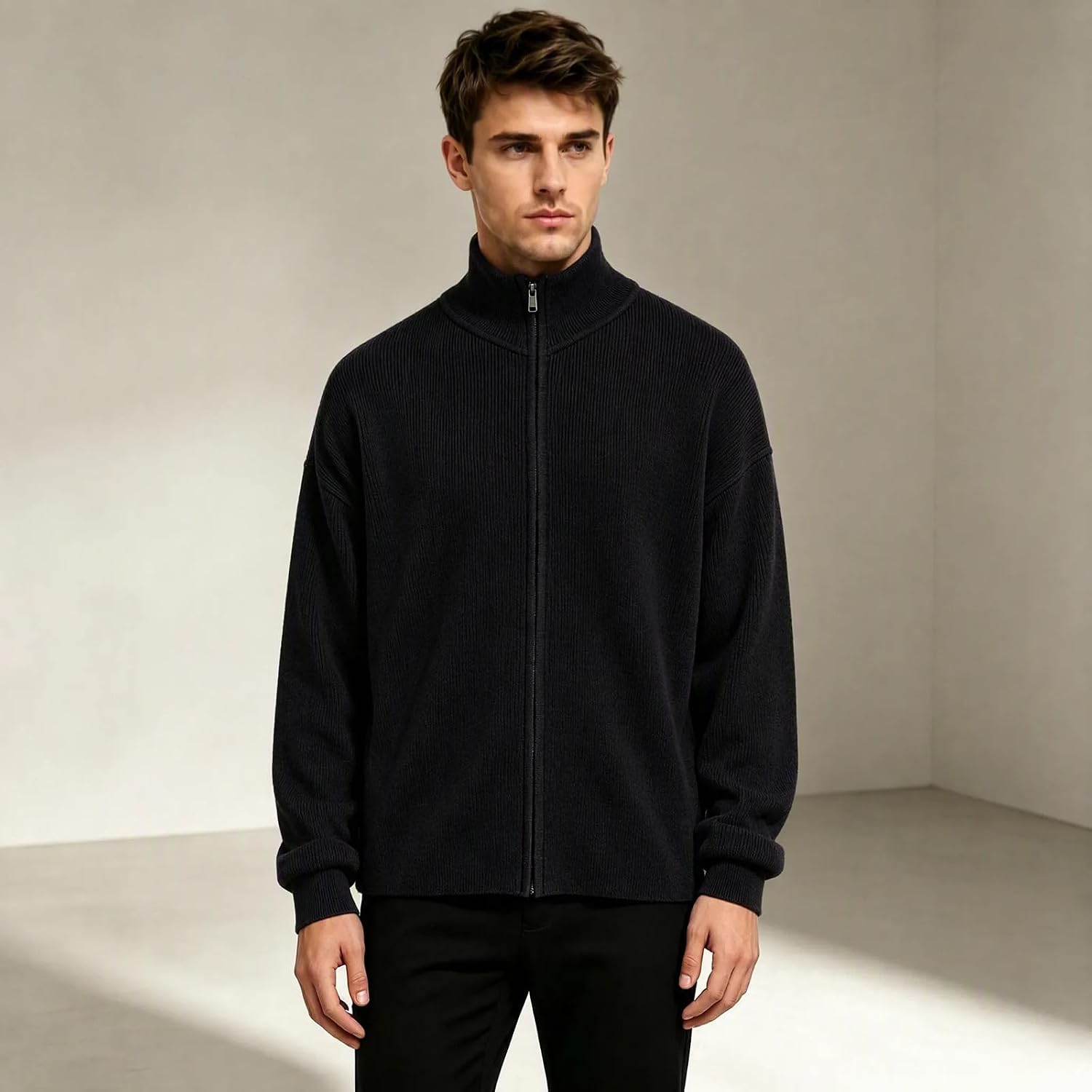 Men Ribbed Knit Jackets Full Zip Stand Collar Casual Fall Sweaters