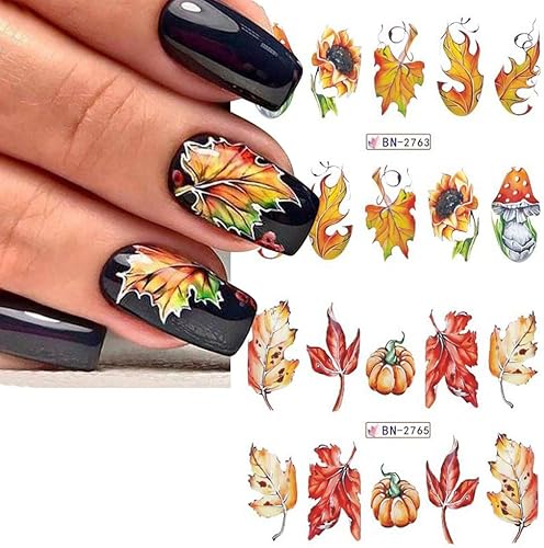 Miniatura 5 de 500 patrones de calcomanías de uñas de otoño para mujer, calcomanías de agua de dibujos animados, calabaza, hongo, hoja de arce, calcomanías de
